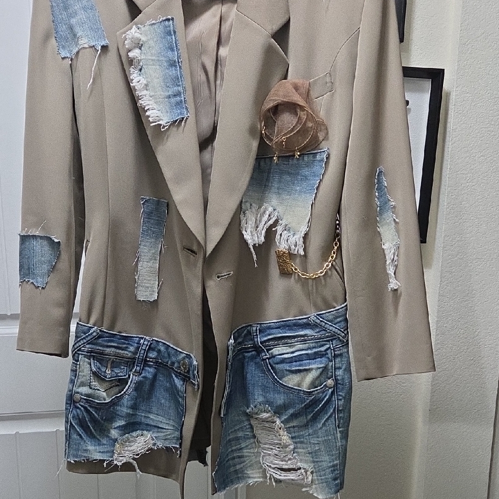 Unique Beige and Denim Patchwork Blazer - image 3